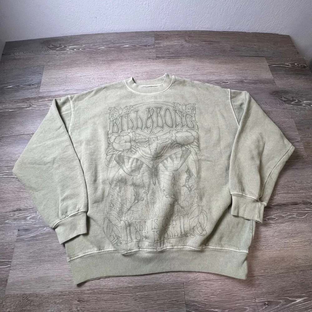 Billabong Sweatshirt Womens XS/S Green Butterfly Graphic Oversized Boho Pullover